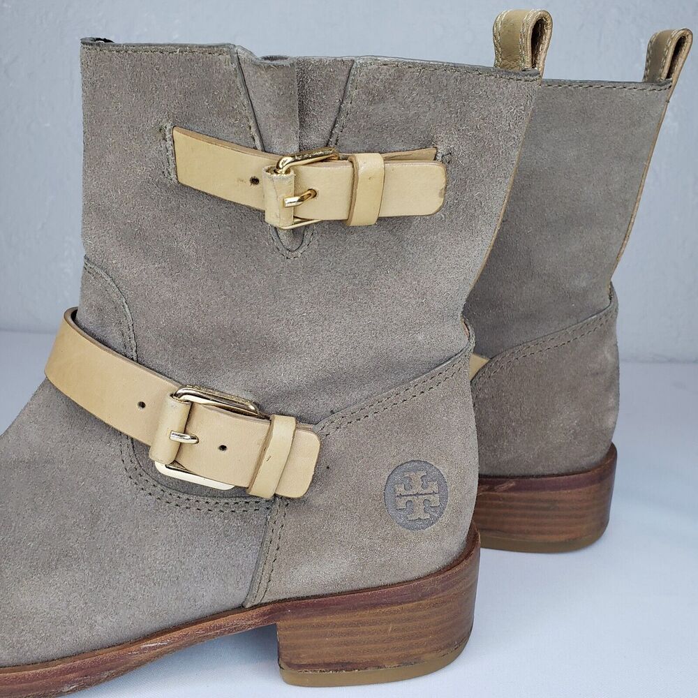 TORY BURCH Bennie Moto Engineer BootsTaupe Leather Double Buckle Ankle Size 7.5M - Picture 7 of 16